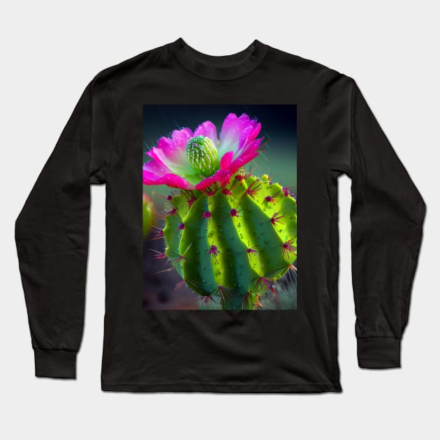 Green Cactus with Gorgeous Pink Flower in the Rain Long Sleeve T-Shirt by mw1designsart